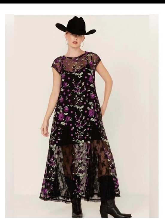 Free People Dresses & Skirts - Free People Bright Sky Black Mesh Floral Embroidered Midi Max Dress
